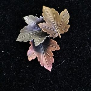 Tri-Leaf Metal Pin Brooch in Antique Brass, Copper & Patina Broach